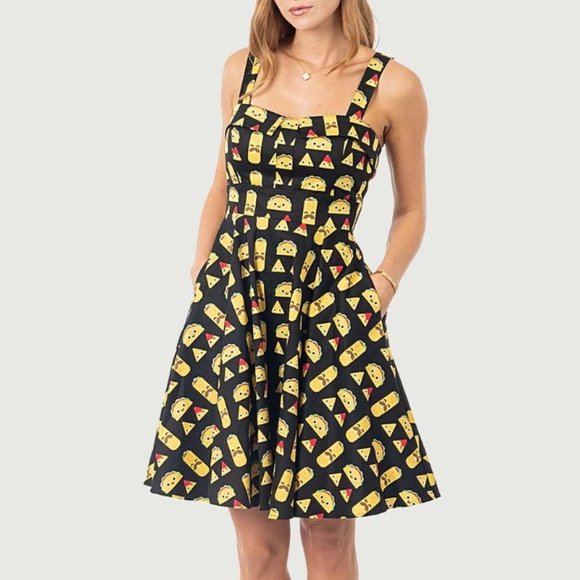 Eva Rose Dresses & Skirts - Eva Rose Black & Yellow Taco Print Pinup Fit & Flare Dress With Pockets